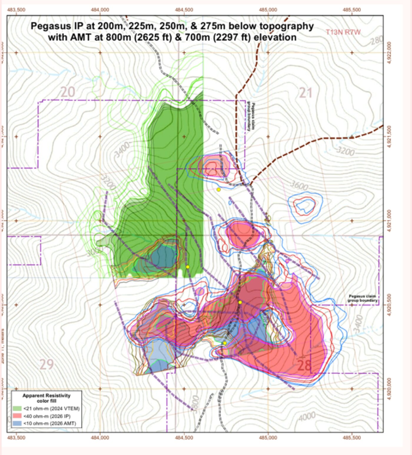 Terravision heatmap overlay of the Pegasus claim showing surface alteration correlated with deep IP and VTEM anomalies